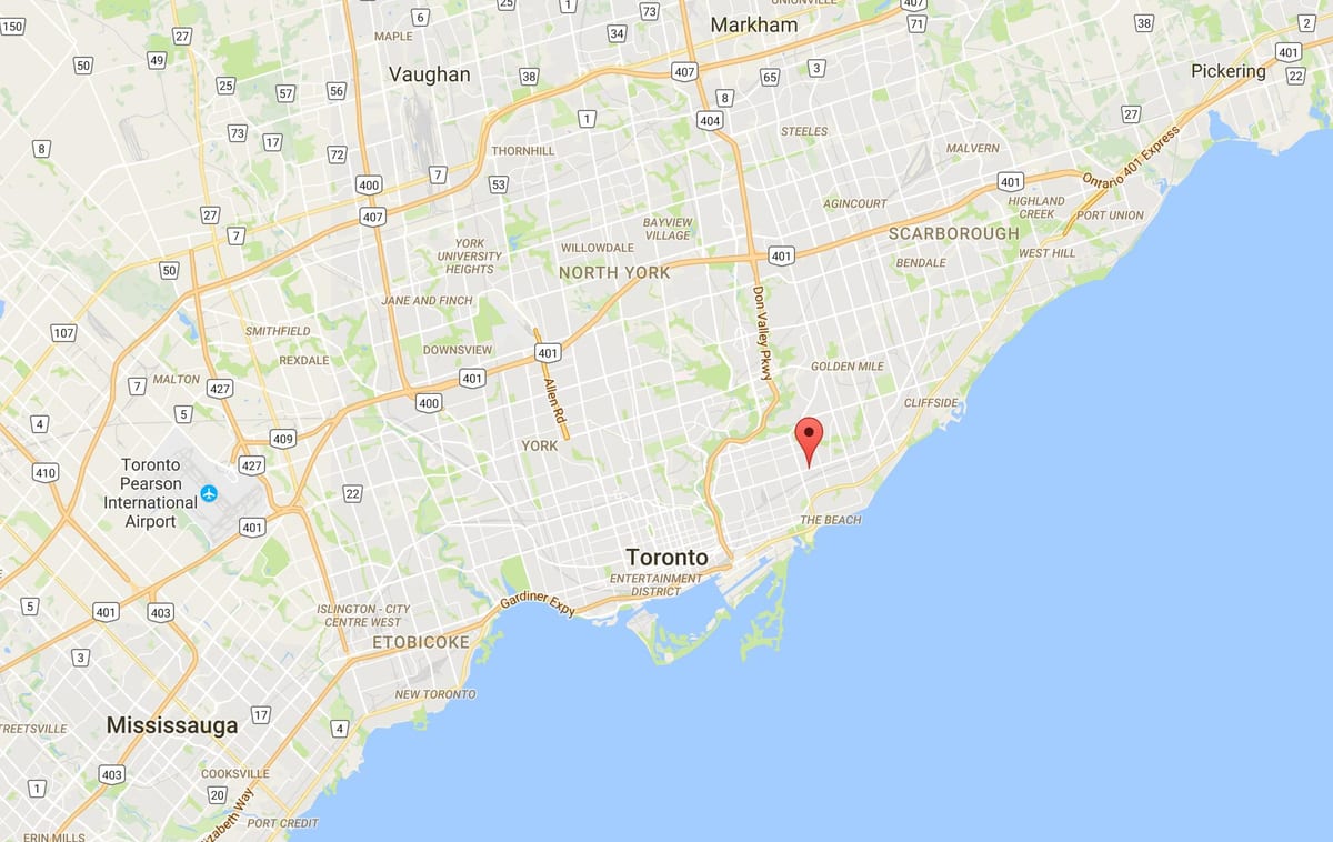 Zemljevid Vzhodu Danforth okrožno Torontu