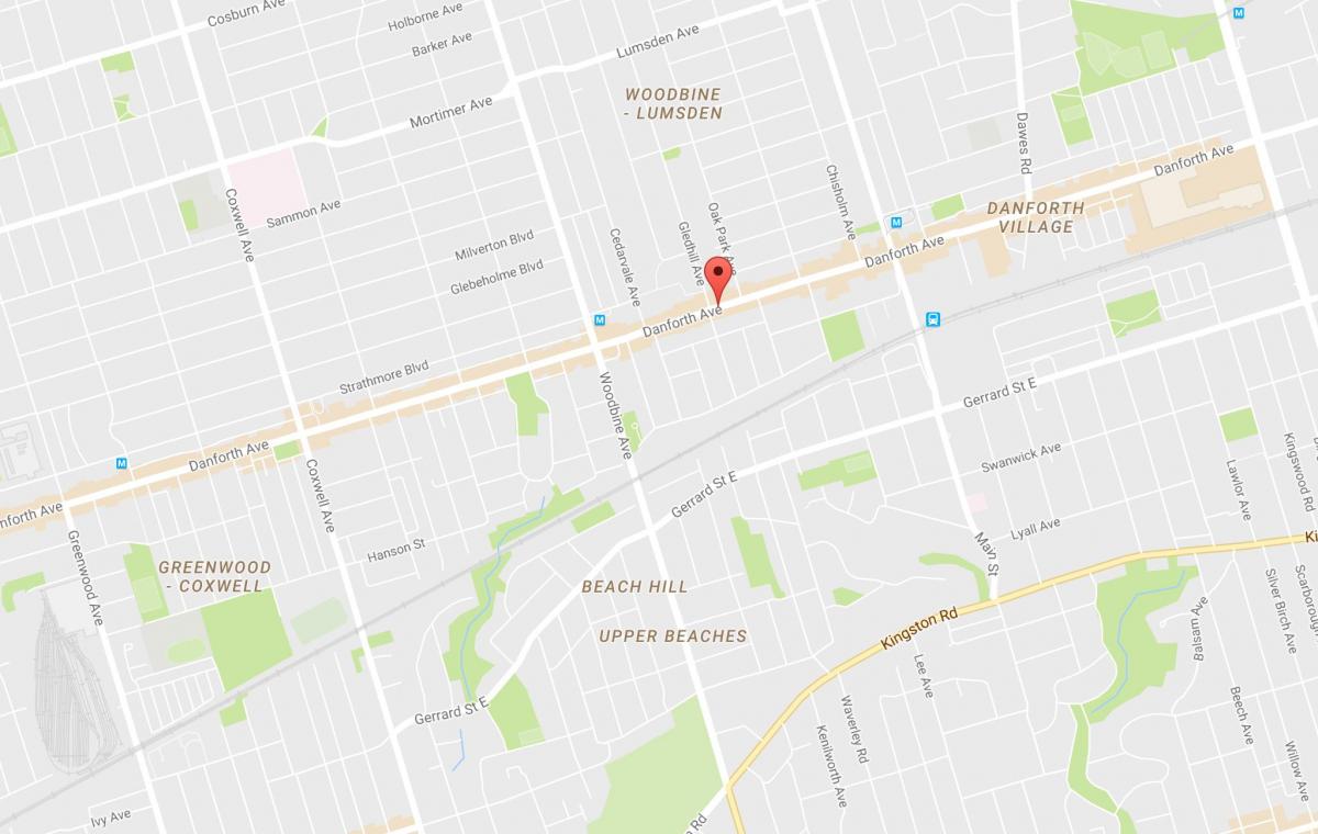 Zemljevid Vzhodu Danforth sosedske Torontu