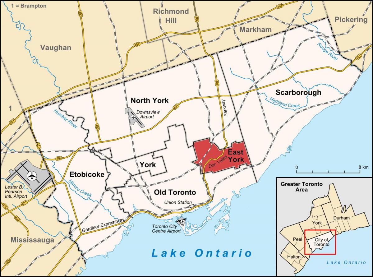 Zemljevid Vzhodu York v Torontu