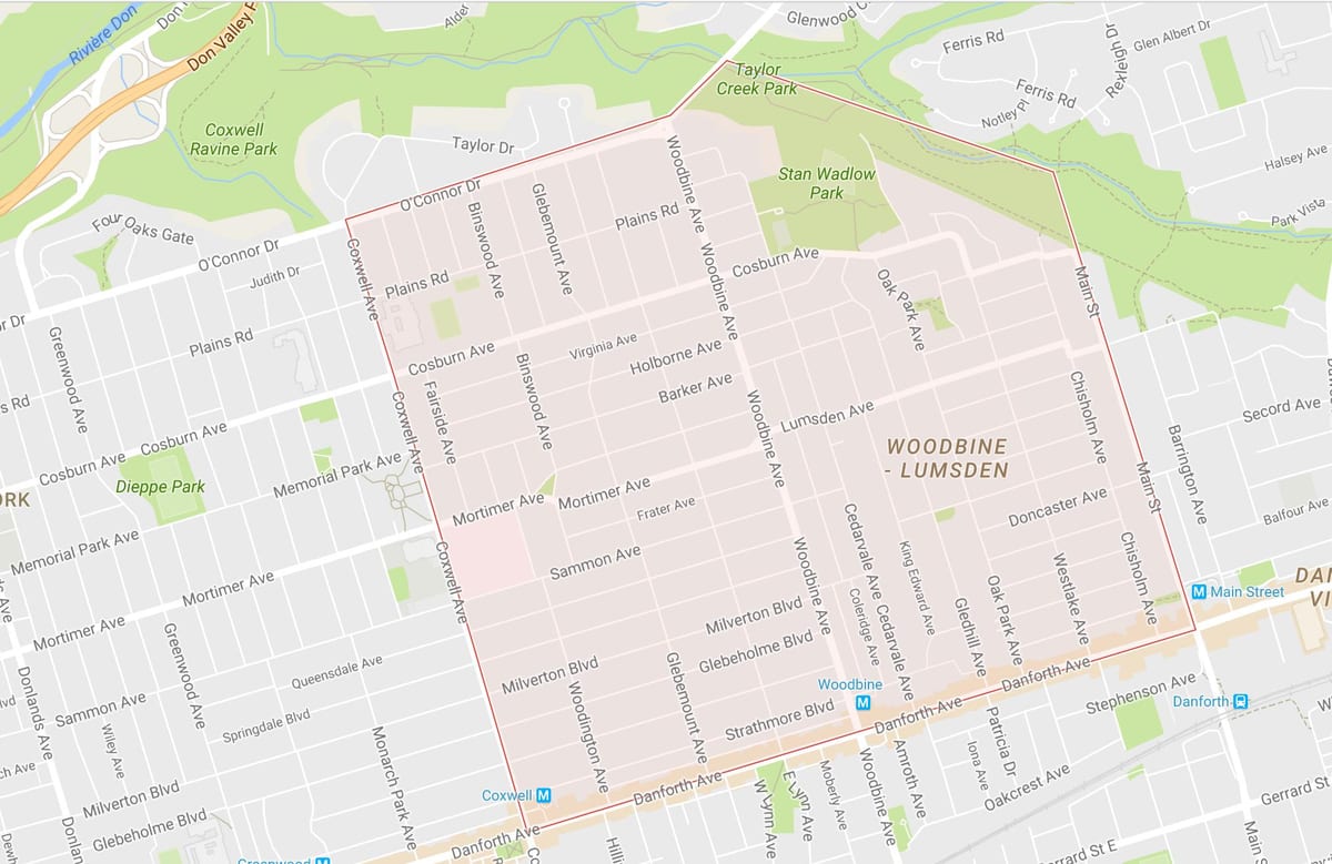 Zemljevid Woodbine Višine sosedske Torontu