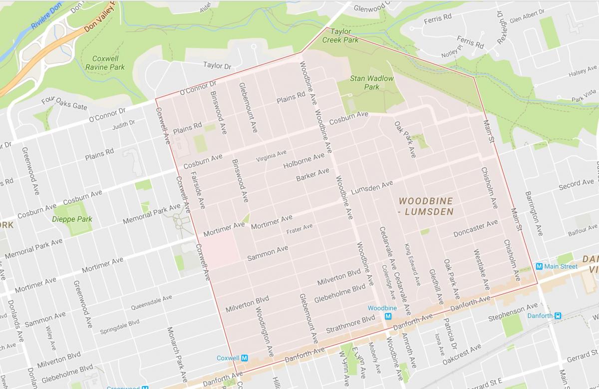 Zemljevid Woodbine Višine sosedske Torontu