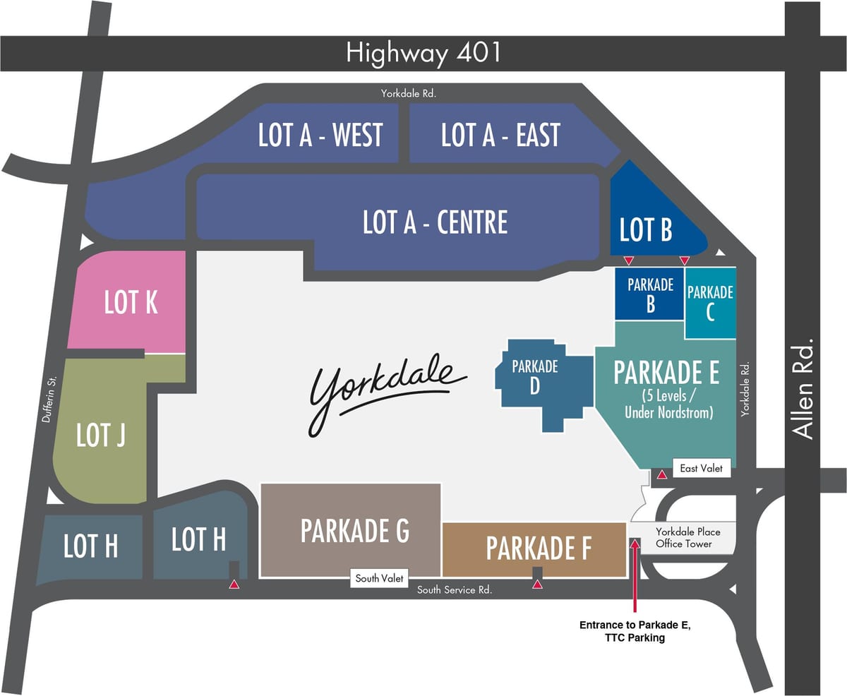 Zemljevid Yorkdale Nakupovalni Center parkirišče