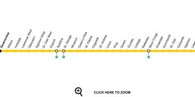 Zemljevid Torontu linijo podzemne železnice 1 Yonge-University