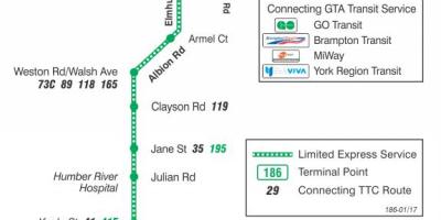 Zemljevid TTC 186 Wilson Raketa avtobus pot v Torontu