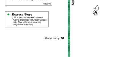 Zemljevid TTC 188 Kipling Južni Raketa avtobus pot v Torontu
