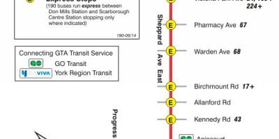 Zemljevid TTC 190 Scarborough Center Raketa avtobus pot v Torontu