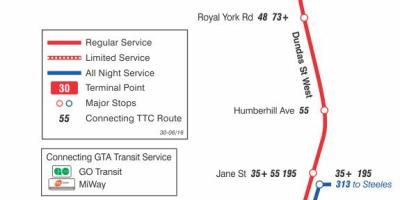 Zemljevid TTC 30 Lambton avtobus pot v Torontu