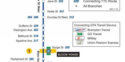 Zemljevid TTC 300A Bloor-Danforth avtobus pot v Torontu