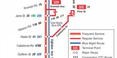 Zemljevid TTC 32 Eglinton Zahodu avtobus pot v Torontu