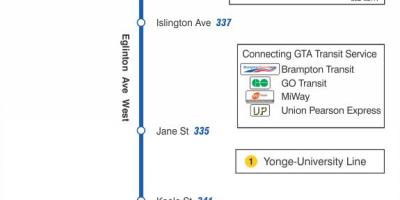Zemljevid TTC 332 Eglinton Zahodu avtobus pot v Torontu