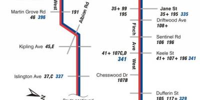 Zemljevid TTC 36 Ščinkavec Zahodu avtobus pot v Torontu