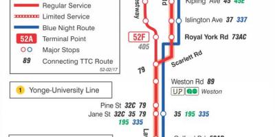 Zemljevid TTC 52 Lawrence Zahodu avtobus pot v Torontu