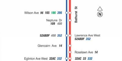 Zemljevid TTC 7 Bathurst avtobus pot v Torontu