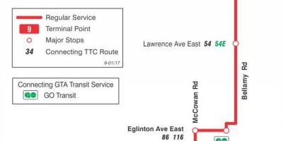Zemljevid TTC 9 Bellamy avtobus pot v Torontu